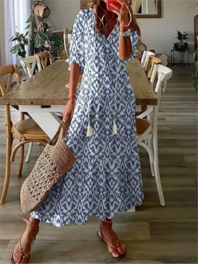 2024 Women Floral Print Casual Dress Summer Fashion V Neck Half Sleeves Long Dresses Female Bohemian Holiday Beach Dresses