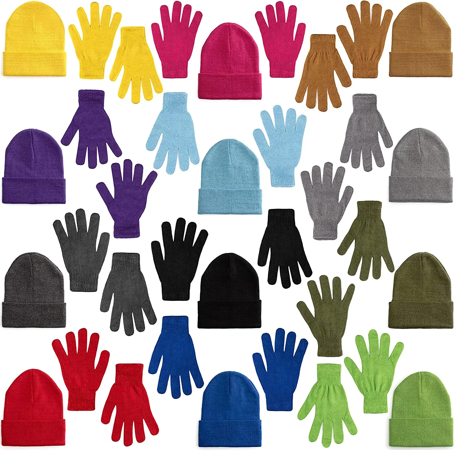 24 Set Wholesale Beanie and Glove Bundle in 12 Assorted Colors - Bulk Case of 24 Beanies, 24 Pairs of Gloves