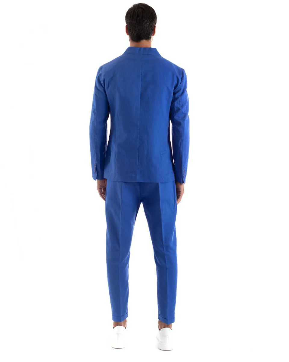 Abito Uomo Doppiopetto Vestito Lino Completo Giacca Pantaloni Tinta Unita Blu Royal Elegante Sartoriale Cerimonia GIOSAL-OU2131A