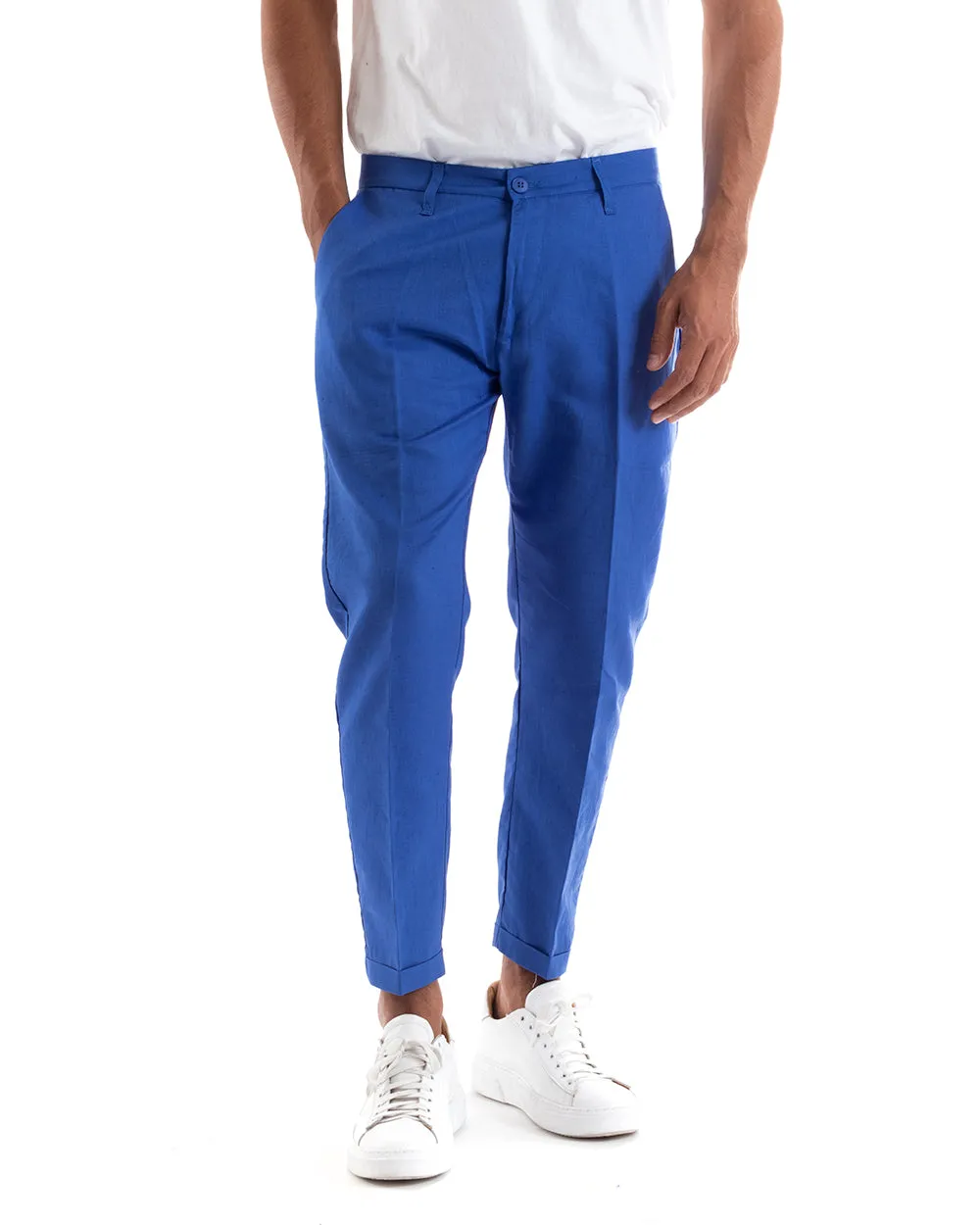 Abito Uomo Doppiopetto Vestito Lino Completo Giacca Pantaloni Tinta Unita Blu Royal Elegante Sartoriale Cerimonia GIOSAL-OU2131A