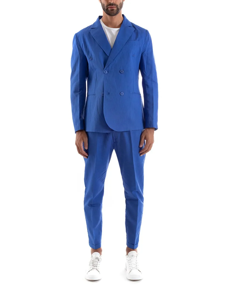 Abito Uomo Doppiopetto Vestito Lino Completo Giacca Pantaloni Tinta Unita Blu Royal Elegante Sartoriale Cerimonia GIOSAL-OU2131A