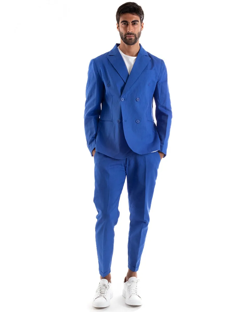 Abito Uomo Doppiopetto Vestito Lino Completo Giacca Pantaloni Tinta Unita Blu Royal Elegante Sartoriale Cerimonia GIOSAL-OU2131A