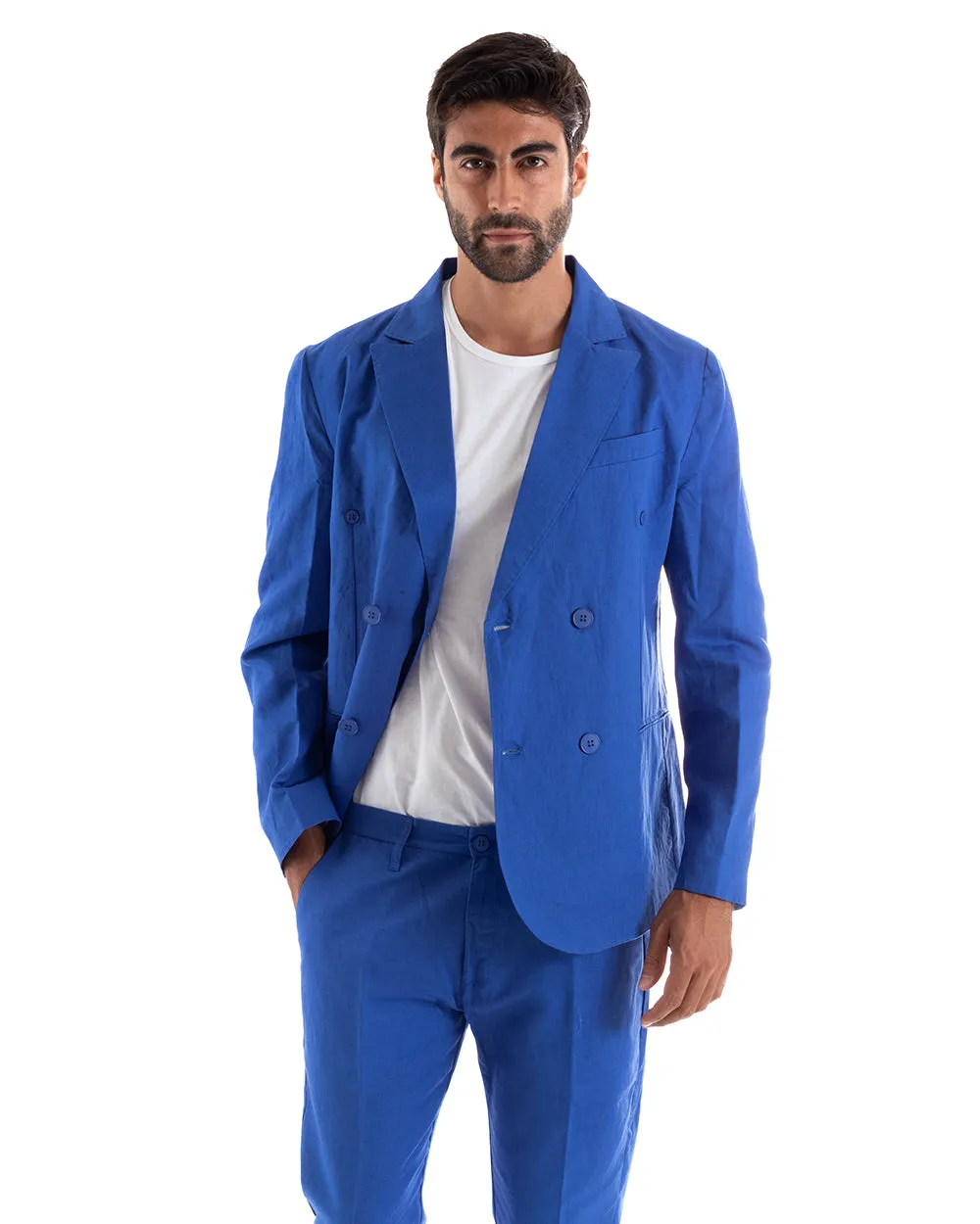 Abito Uomo Doppiopetto Vestito Lino Completo Giacca Pantaloni Tinta Unita Blu Royal Elegante Sartoriale Cerimonia GIOSAL-OU2131A