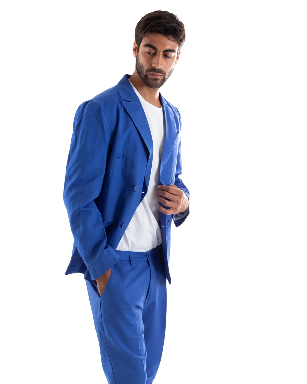 Abito Uomo Doppiopetto Vestito Lino Completo Giacca Pantaloni Tinta Unita Blu Royal Elegante Sartoriale Cerimonia GIOSAL-OU2131A