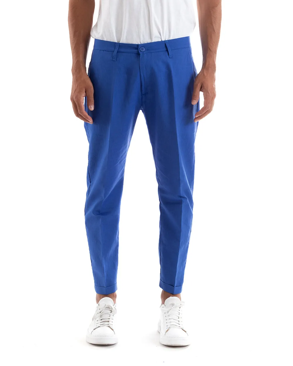 Abito Uomo Doppiopetto Vestito Lino Completo Giacca Pantaloni Tinta Unita Blu Royal Elegante Sartoriale Cerimonia GIOSAL-OU2131A