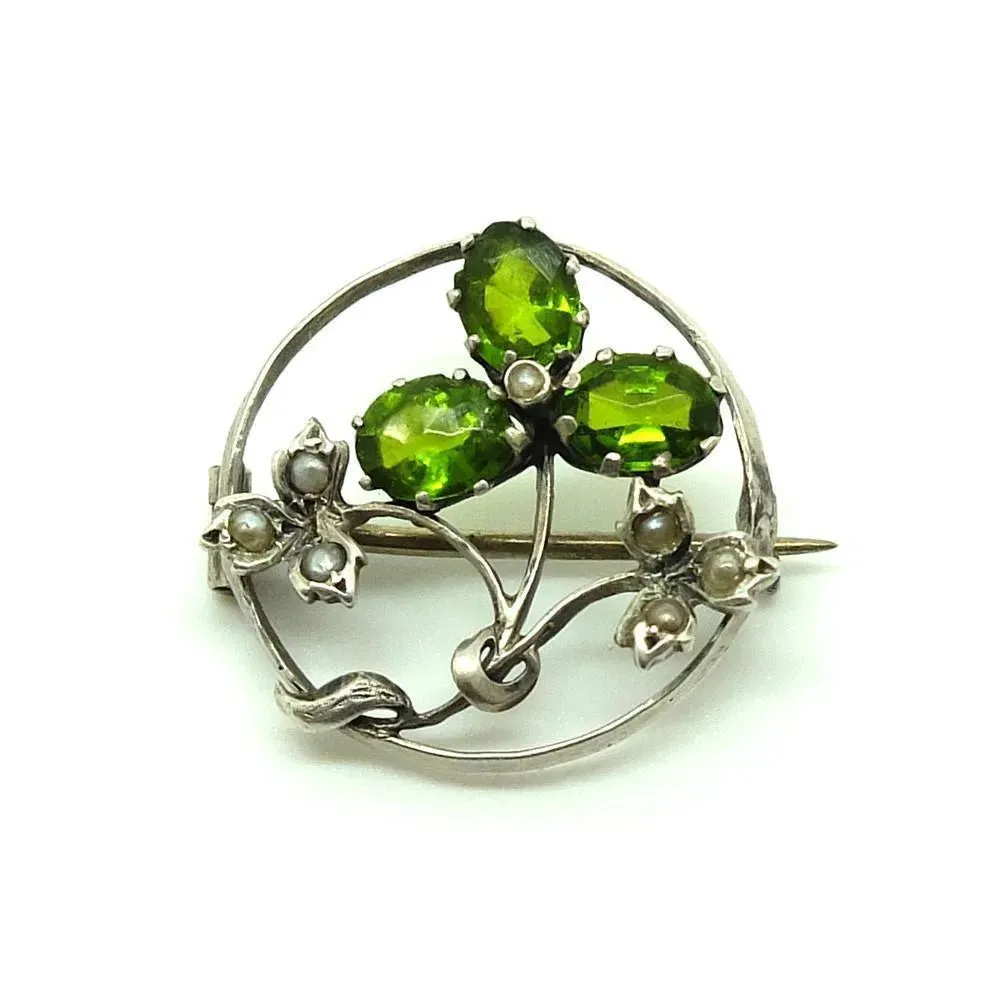 Antique Edwardian Green Silver Brooch