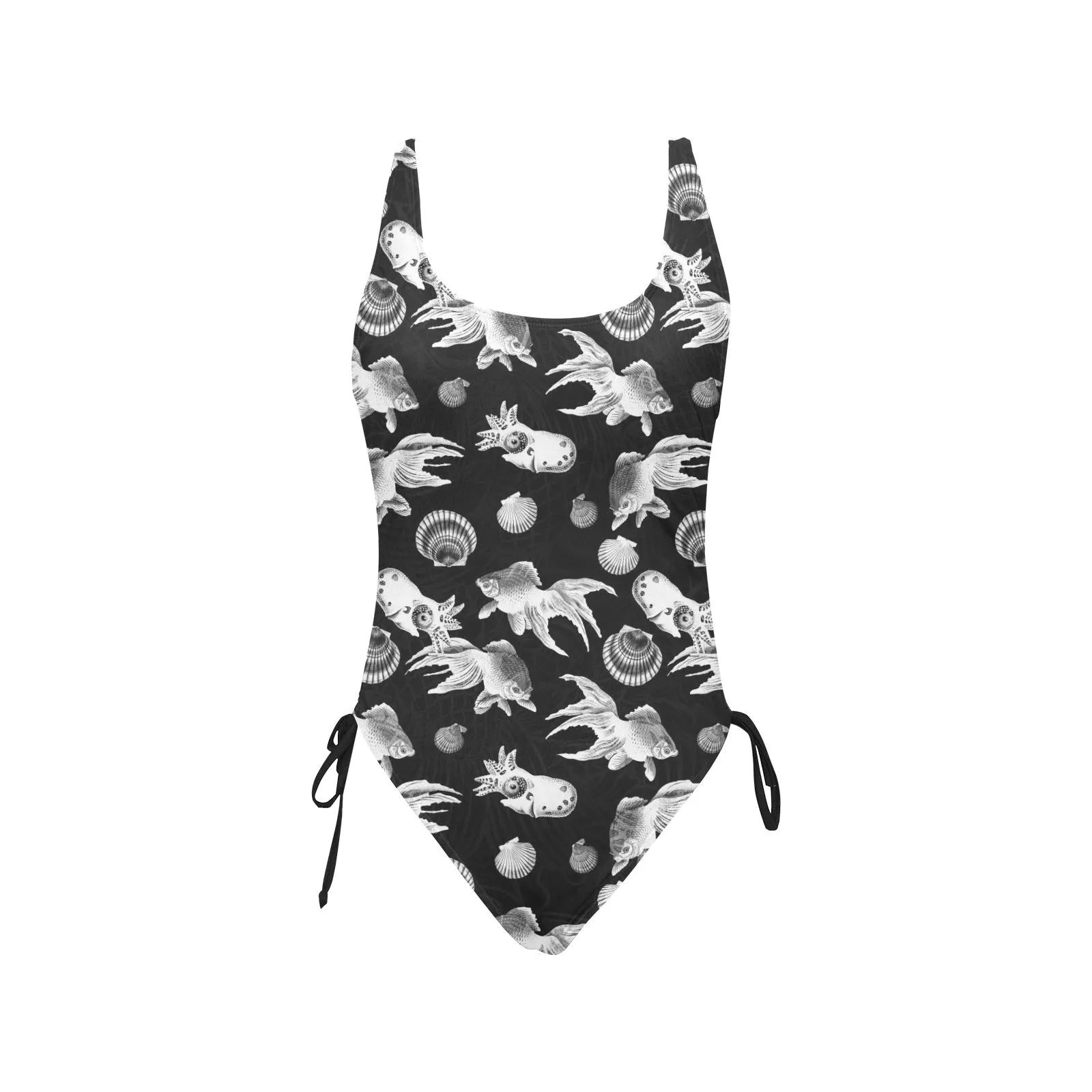 aquatic life bw print Drawstring Side One-Piece Swimsuit (Model S14)