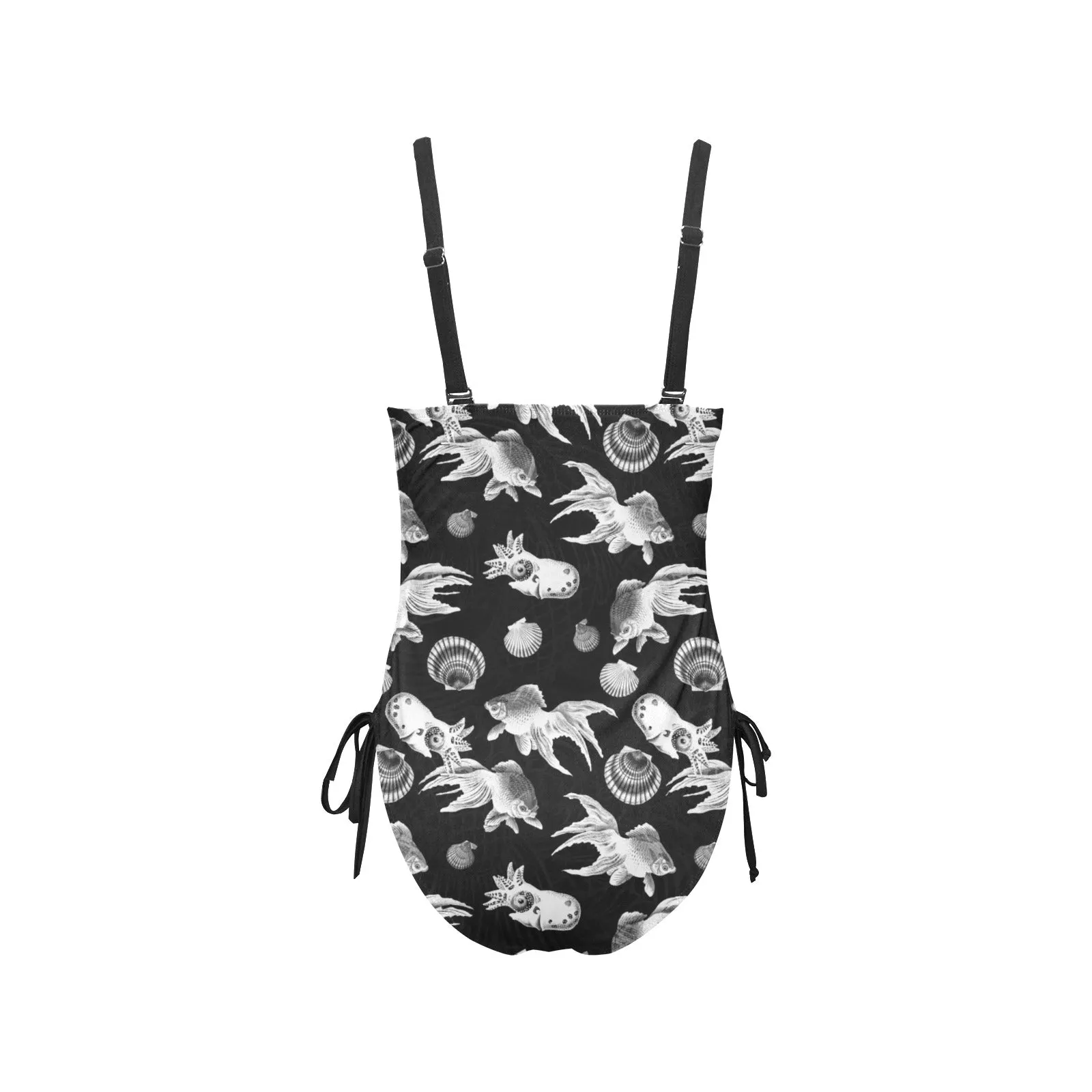 aquatic life bw print Drawstring Side One-Piece Swimsuit (Model S14)