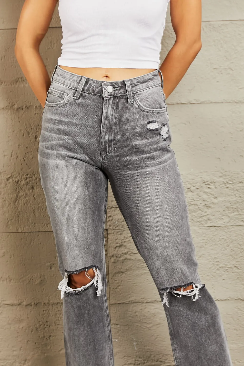 BAYEAS Stone Wash Distressed Cropped Straight Jeans