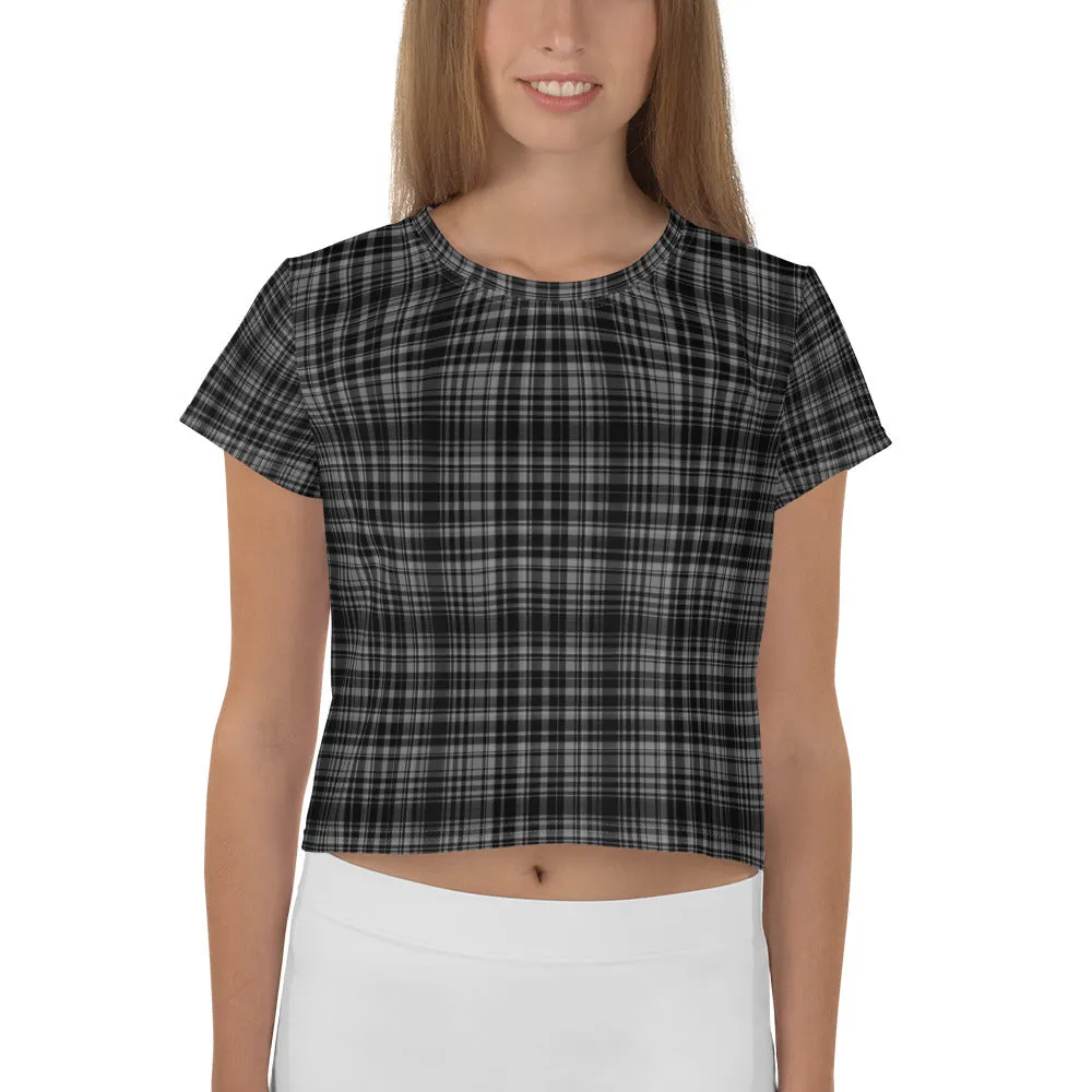 Black Plaid Crop Top, Classic Black Plaid Print Outfit Crop Tee Women's T-Shirt, Made in Europe