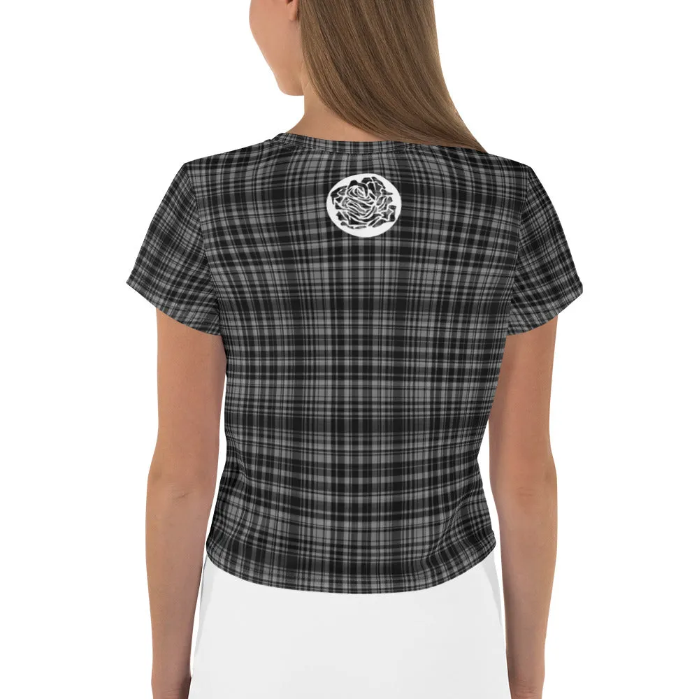 Black Plaid Crop Top, Classic Black Plaid Print Outfit Crop Tee Women's T-Shirt, Made in Europe