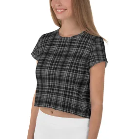 Black Plaid Crop Top, Classic Black Plaid Print Outfit Crop Tee Women's T-Shirt, Made in Europe