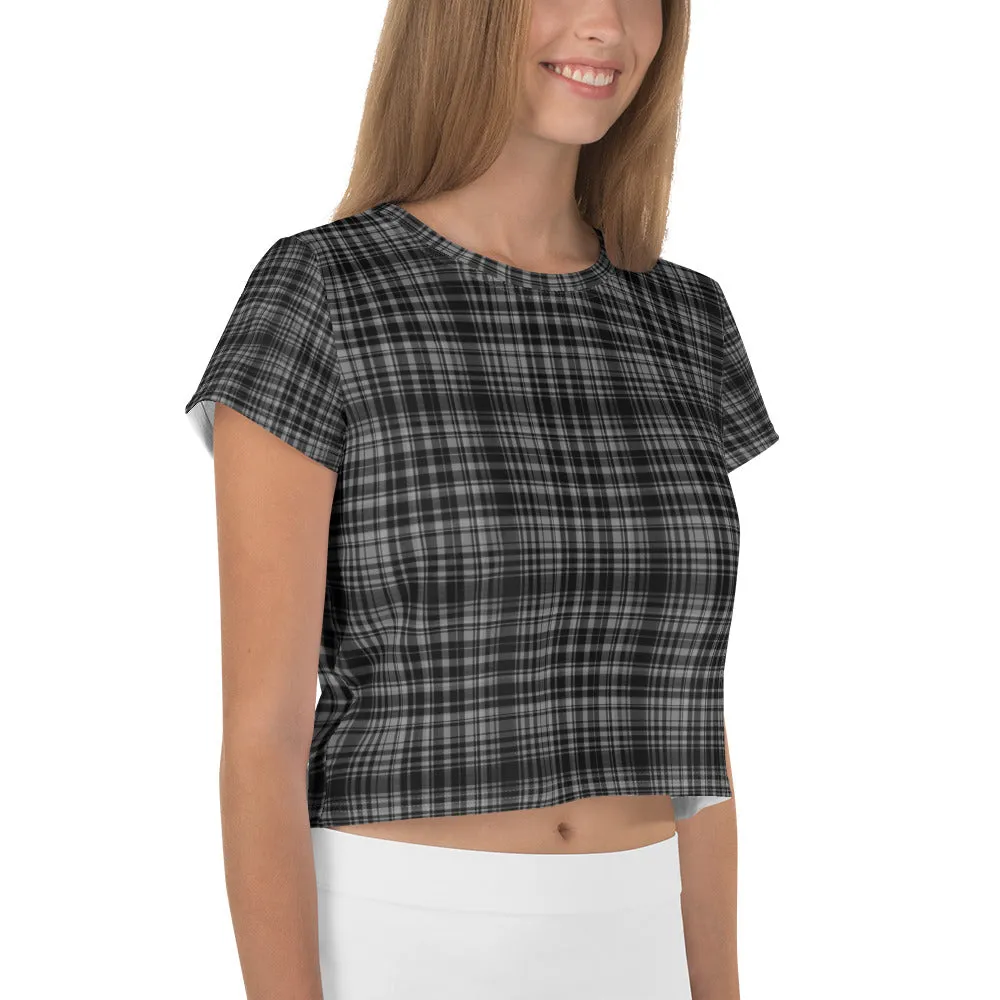 Black Plaid Crop Top, Classic Black Plaid Print Outfit Crop Tee Women's T-Shirt, Made in Europe