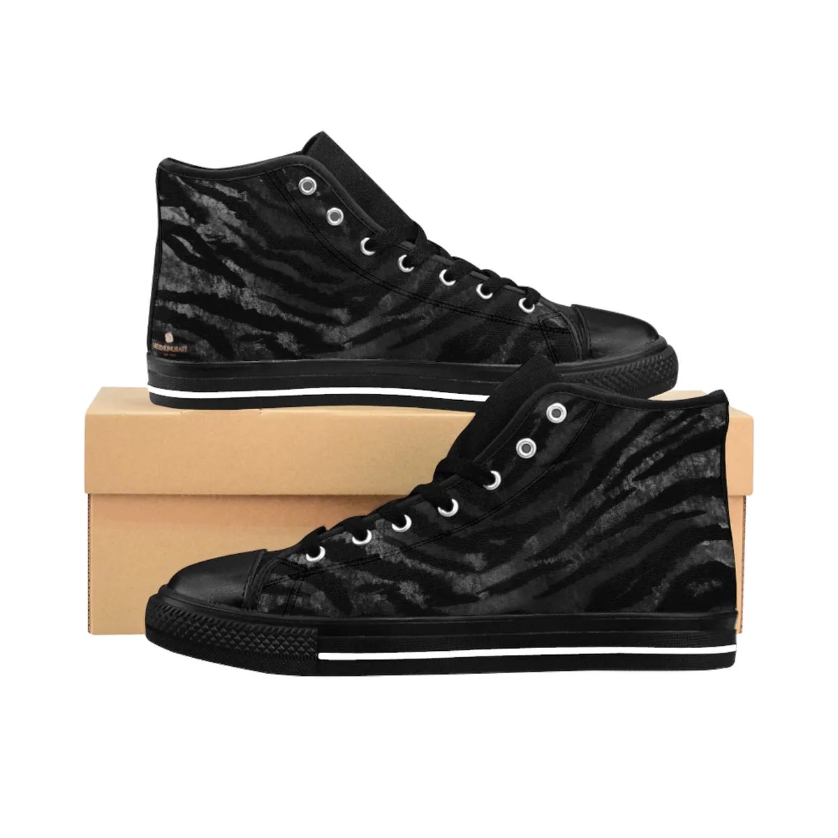 Black Tiger Striped Women's Sneakers, Animal Print Women's High Top Running Shoes