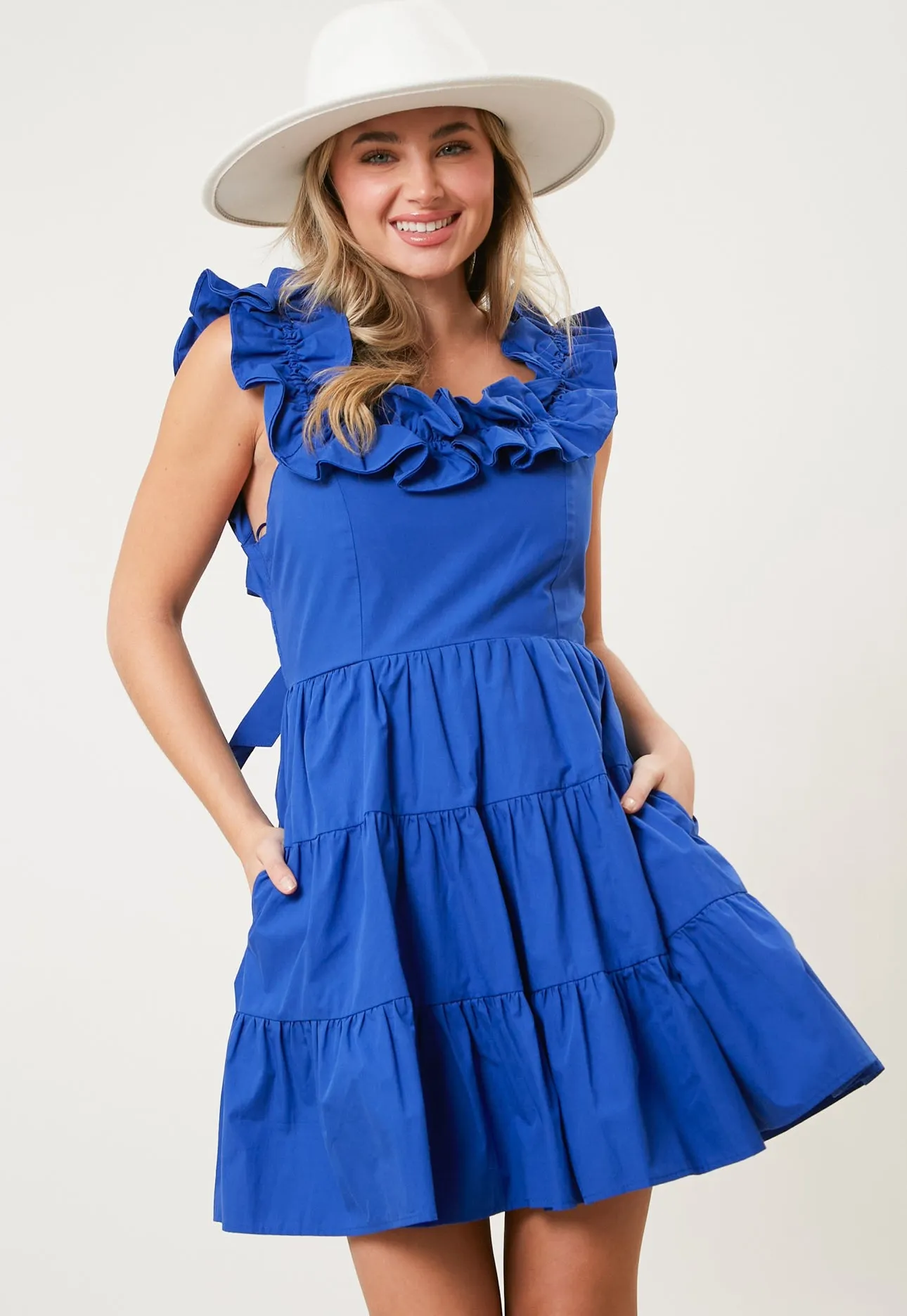 BLUE SOLID POPLIN RUFFLE TIERED MINI DRESS