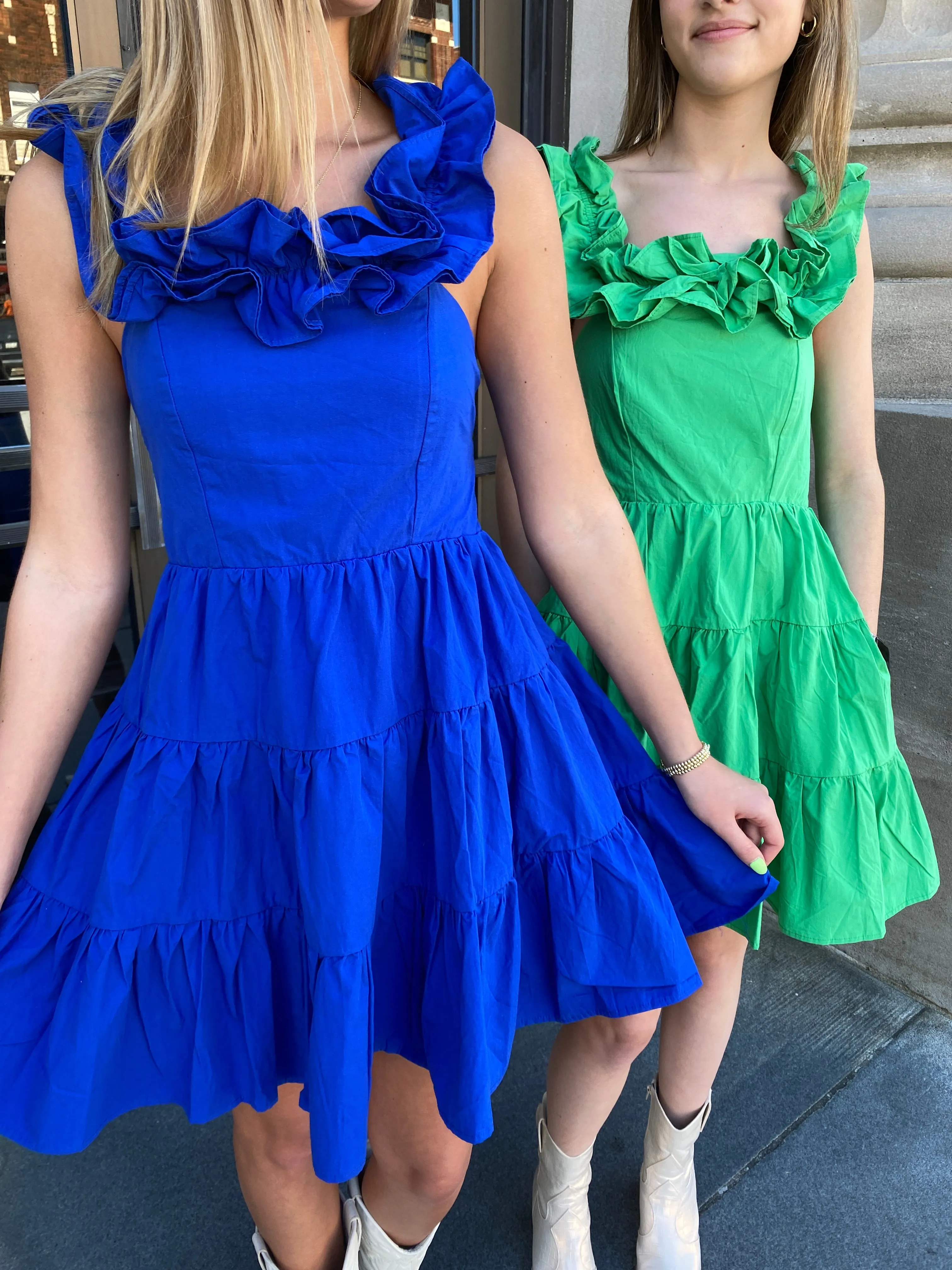 BLUE SOLID POPLIN RUFFLE TIERED MINI DRESS