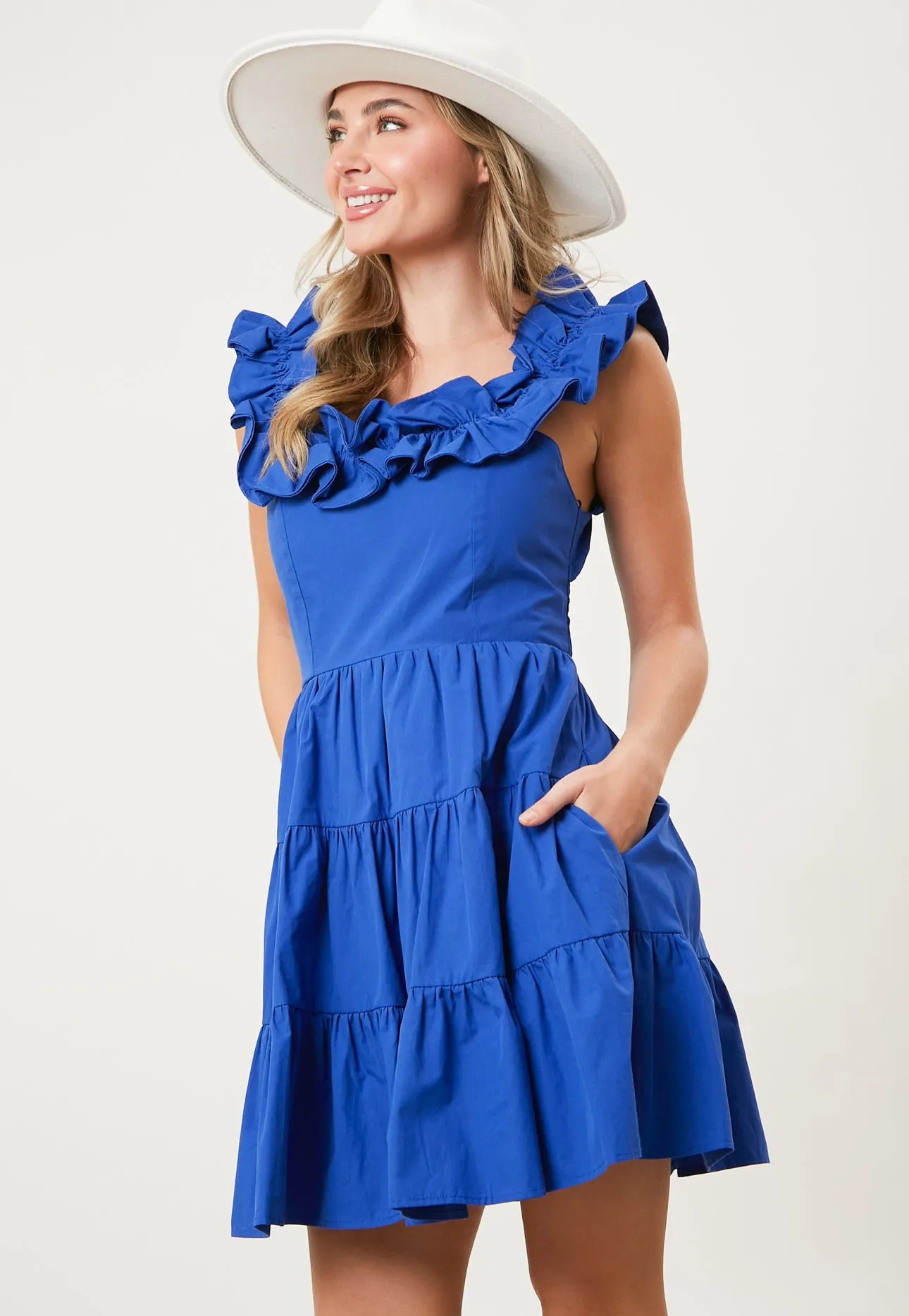 BLUE SOLID POPLIN RUFFLE TIERED MINI DRESS