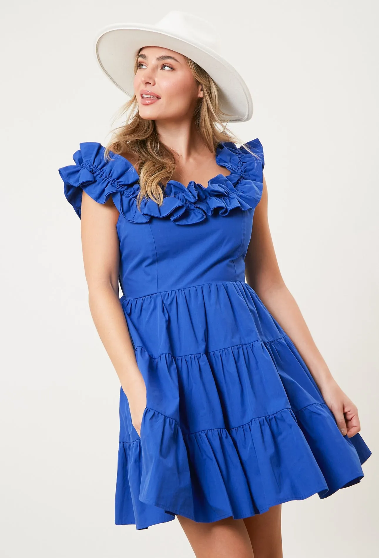 BLUE SOLID POPLIN RUFFLE TIERED MINI DRESS