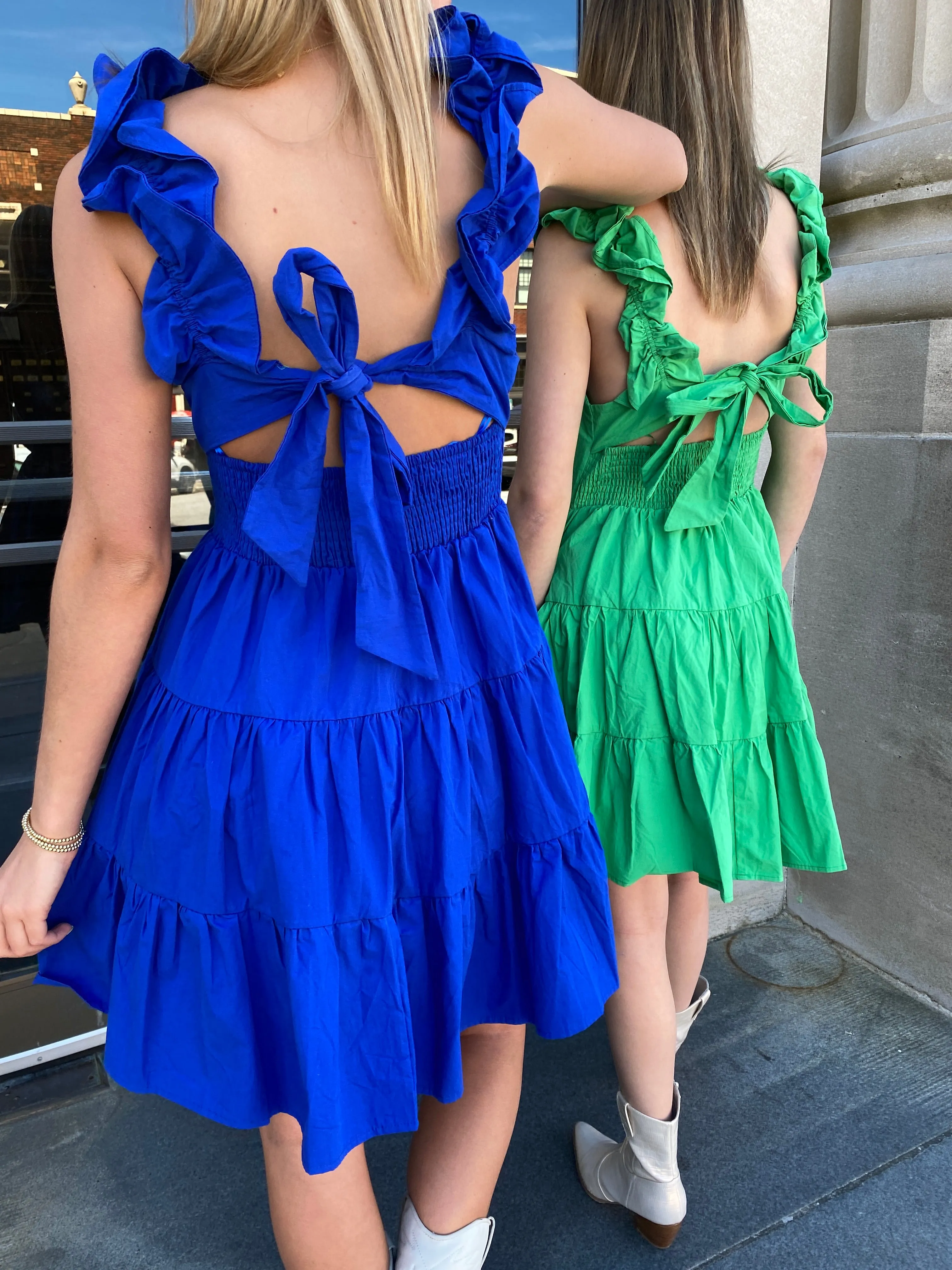 BLUE SOLID POPLIN RUFFLE TIERED MINI DRESS