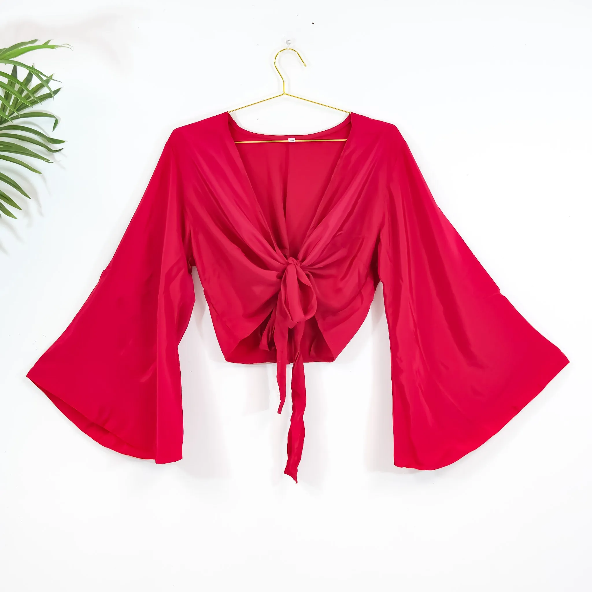 Boho Bell Sleeve Solid Tie Top