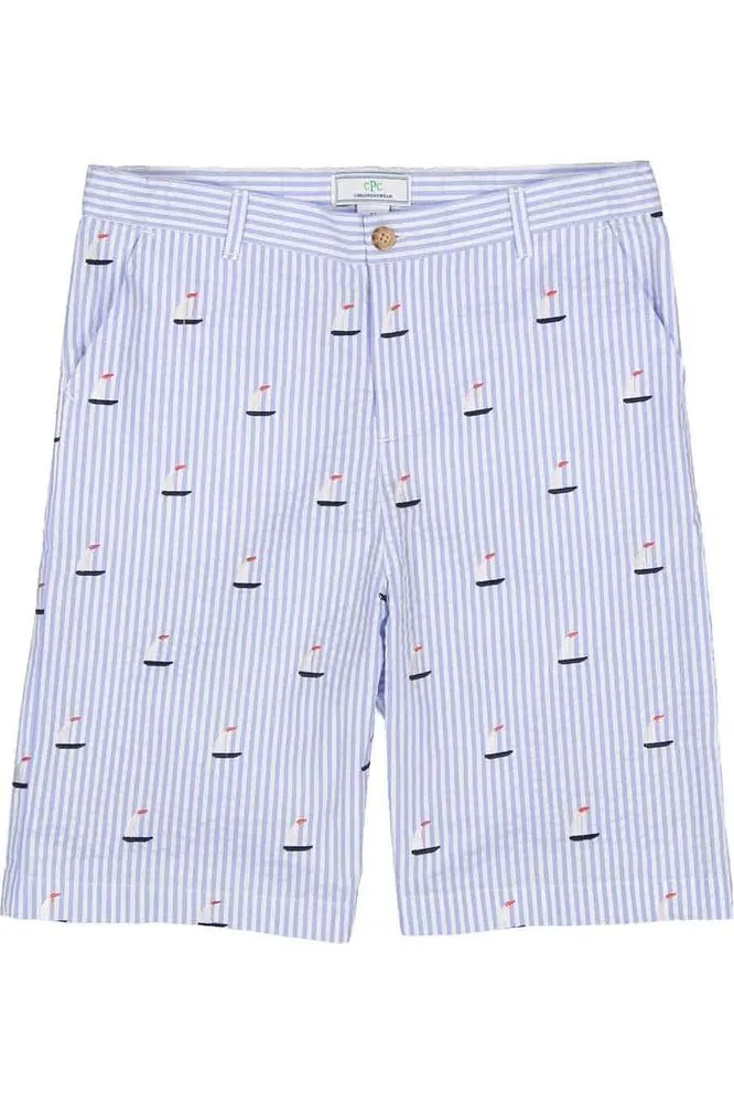 Boys Blue Seersucker Button Sailboat Shorts