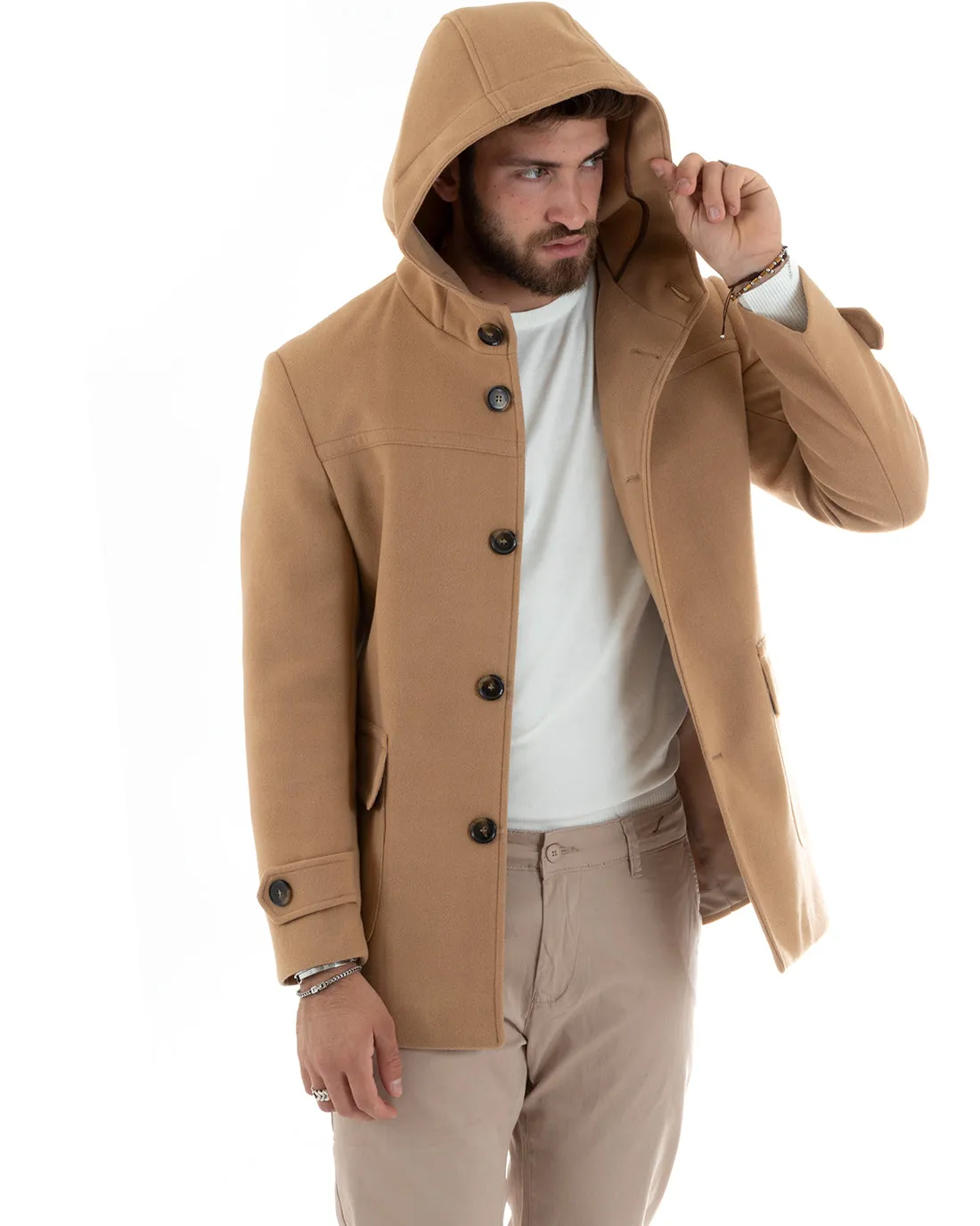 Cappotto Monopetto Uomo Giacca Giaccone Con Cappuccio Camel Baronetto Elegante GIOSAL-G3106A