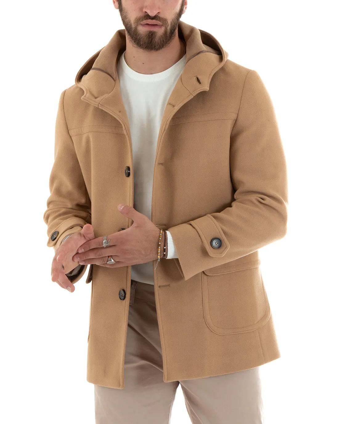 Cappotto Monopetto Uomo Giacca Giaccone Con Cappuccio Camel Baronetto Elegante GIOSAL-G3106A