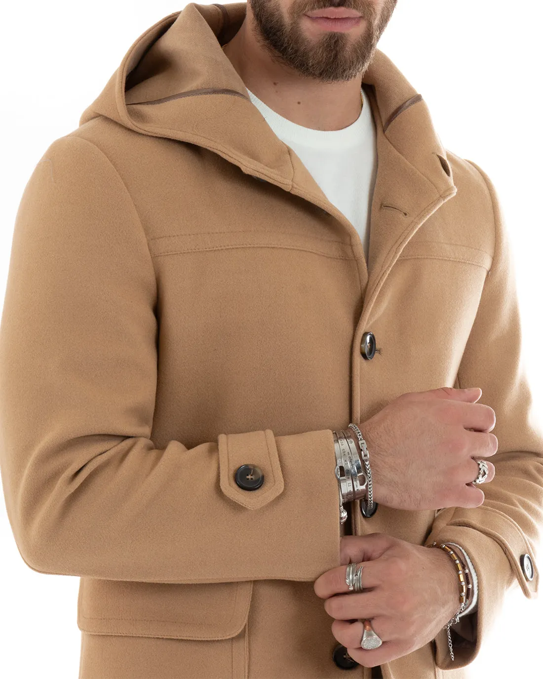 Cappotto Monopetto Uomo Giacca Giaccone Con Cappuccio Camel Baronetto Elegante GIOSAL-G3106A