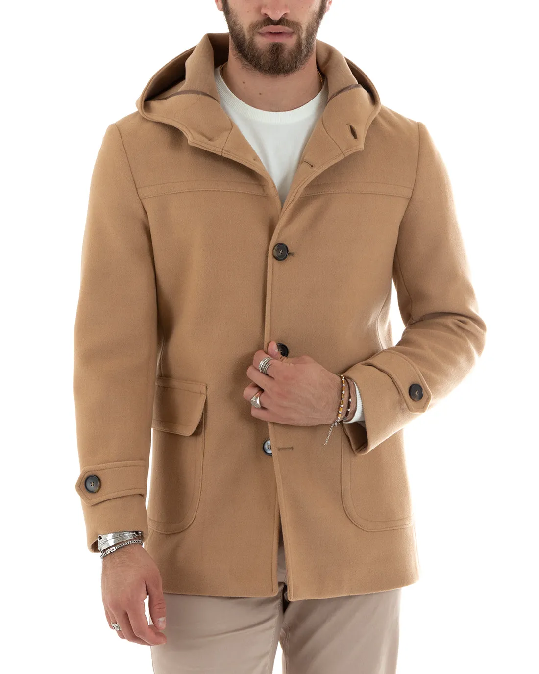 Cappotto Monopetto Uomo Giacca Giaccone Con Cappuccio Camel Baronetto Elegante GIOSAL-G3106A