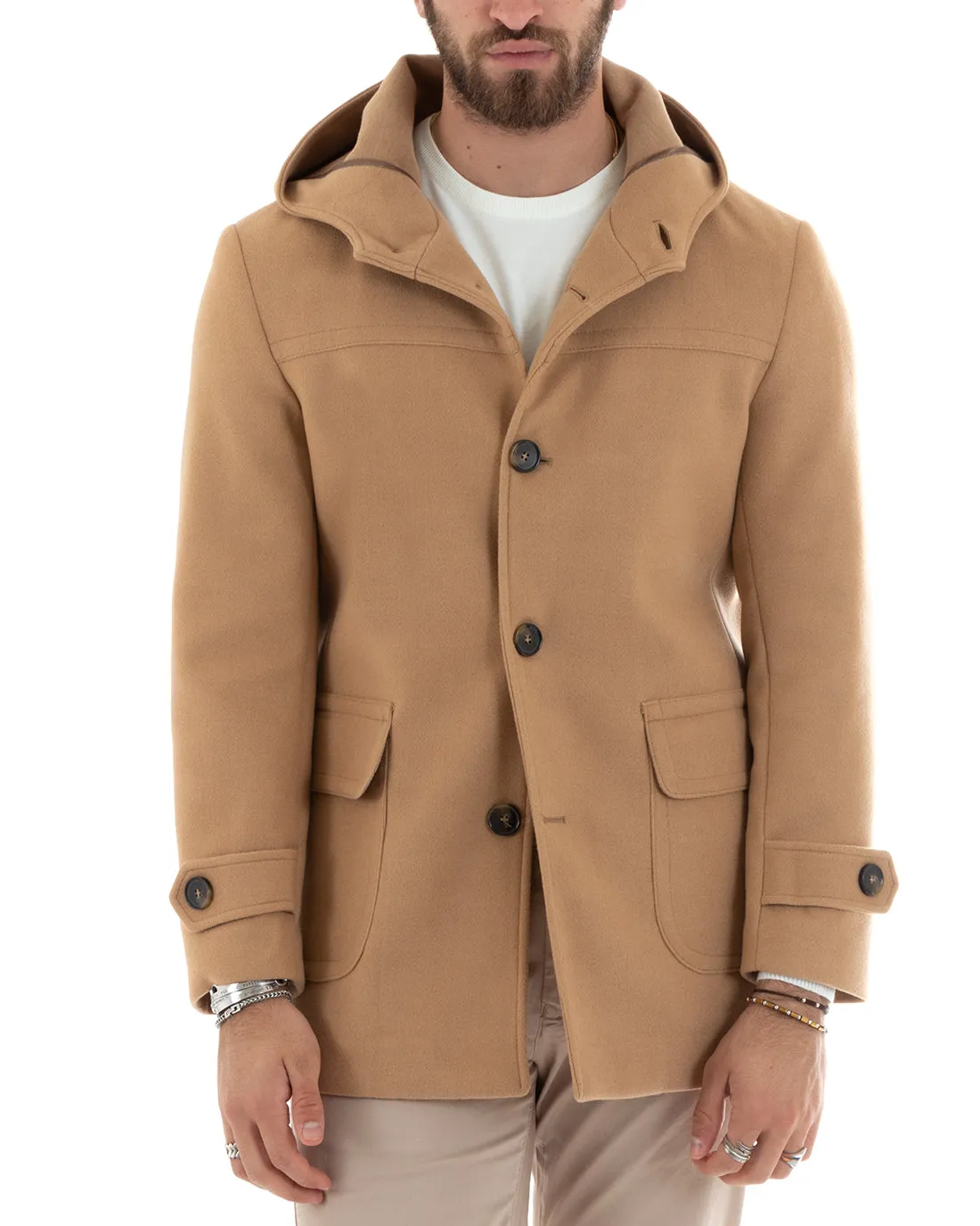 Cappotto Monopetto Uomo Giacca Giaccone Con Cappuccio Camel Baronetto Elegante GIOSAL-G3106A