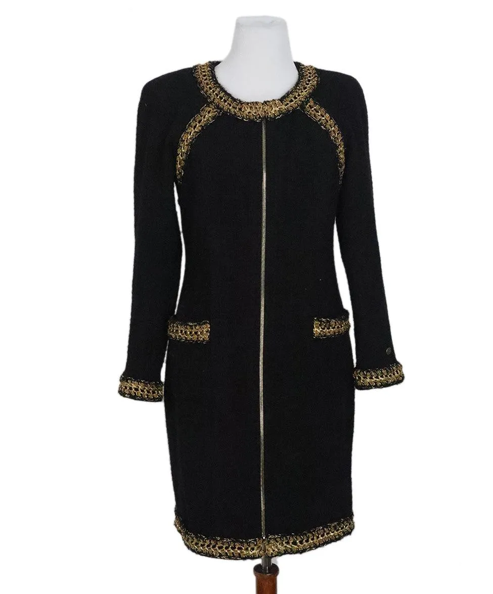 Chanel Black & Gold Wool Dress sz 10