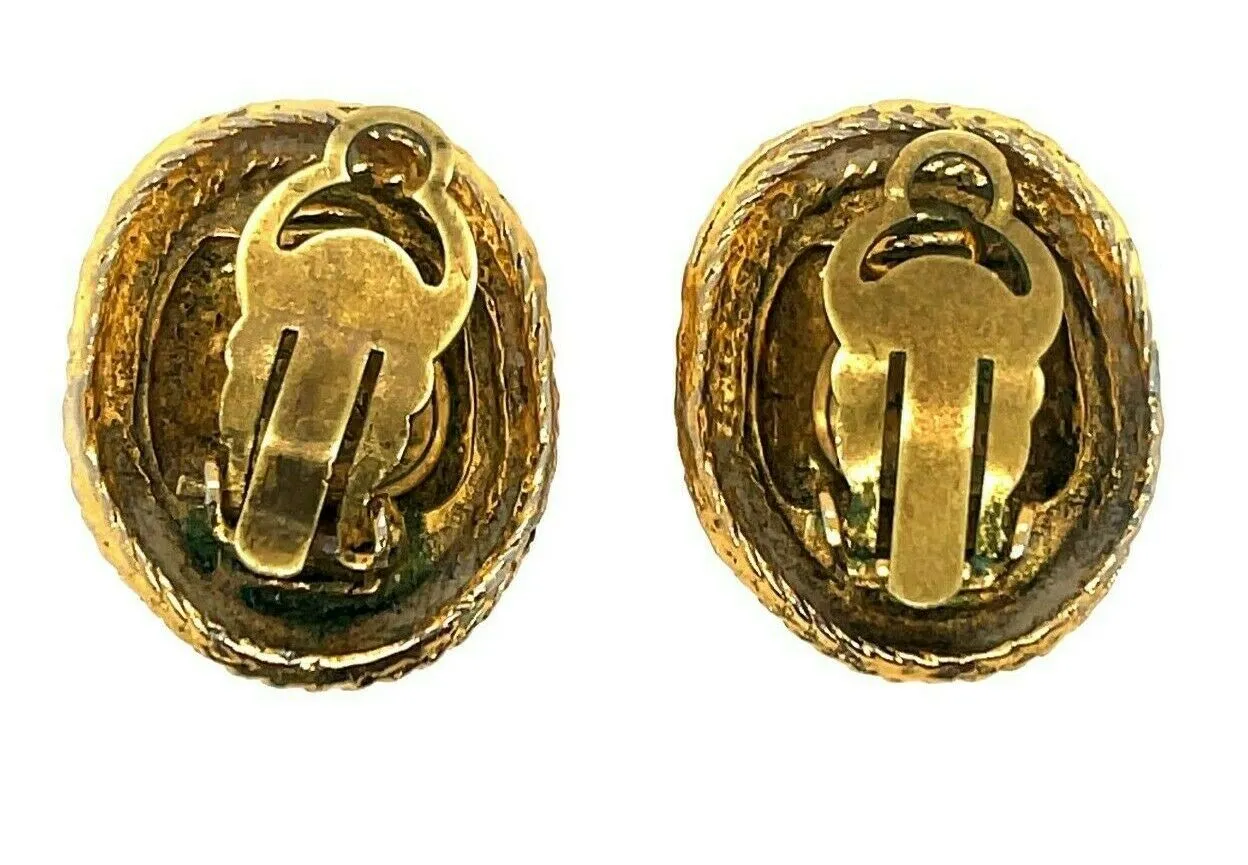 CHANEL - Vintage 1970's CC Textured Oval Medallion Clip-On / Gold-tone Earrings