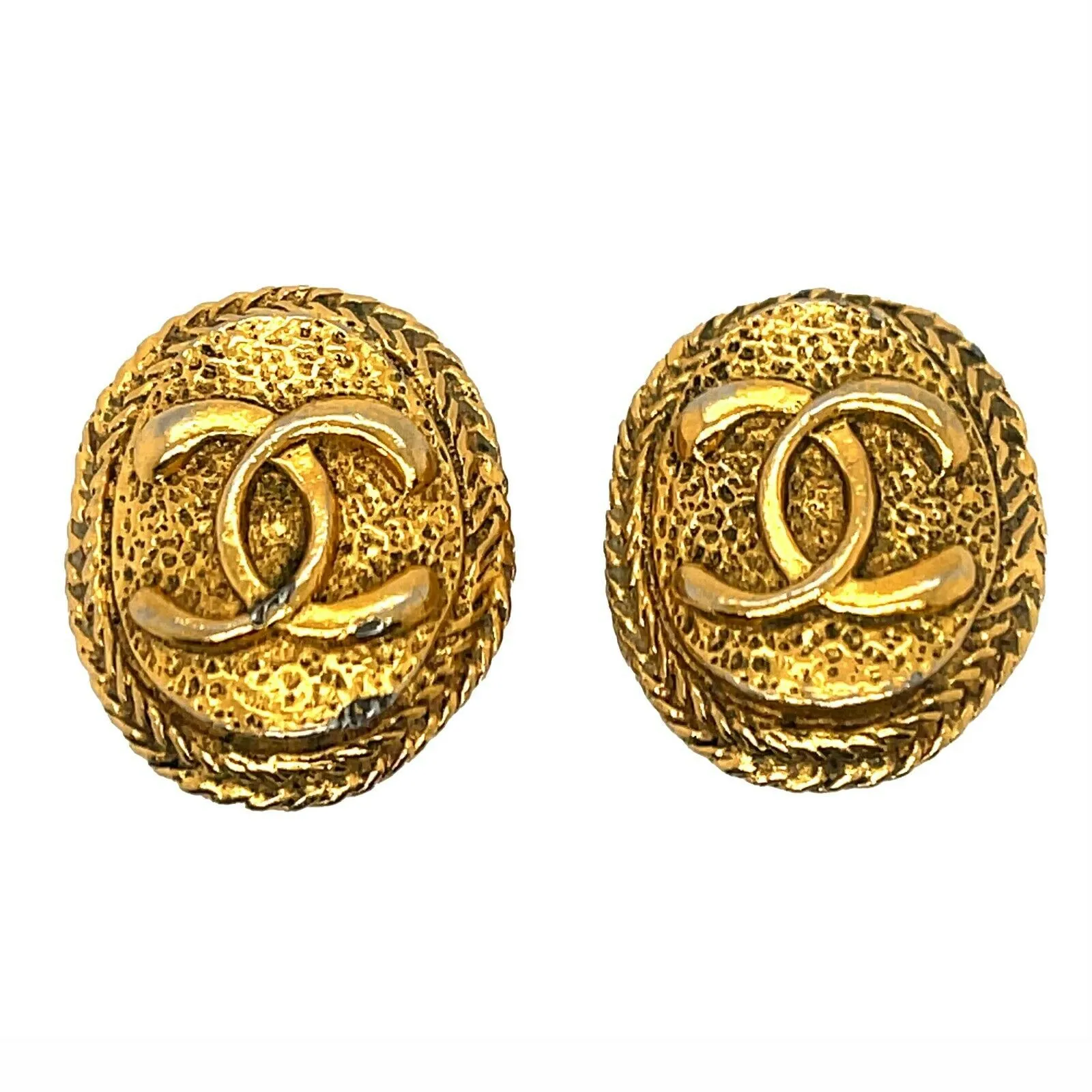 CHANEL - Vintage 1970's CC Textured Oval Medallion Clip-On / Gold-tone Earrings