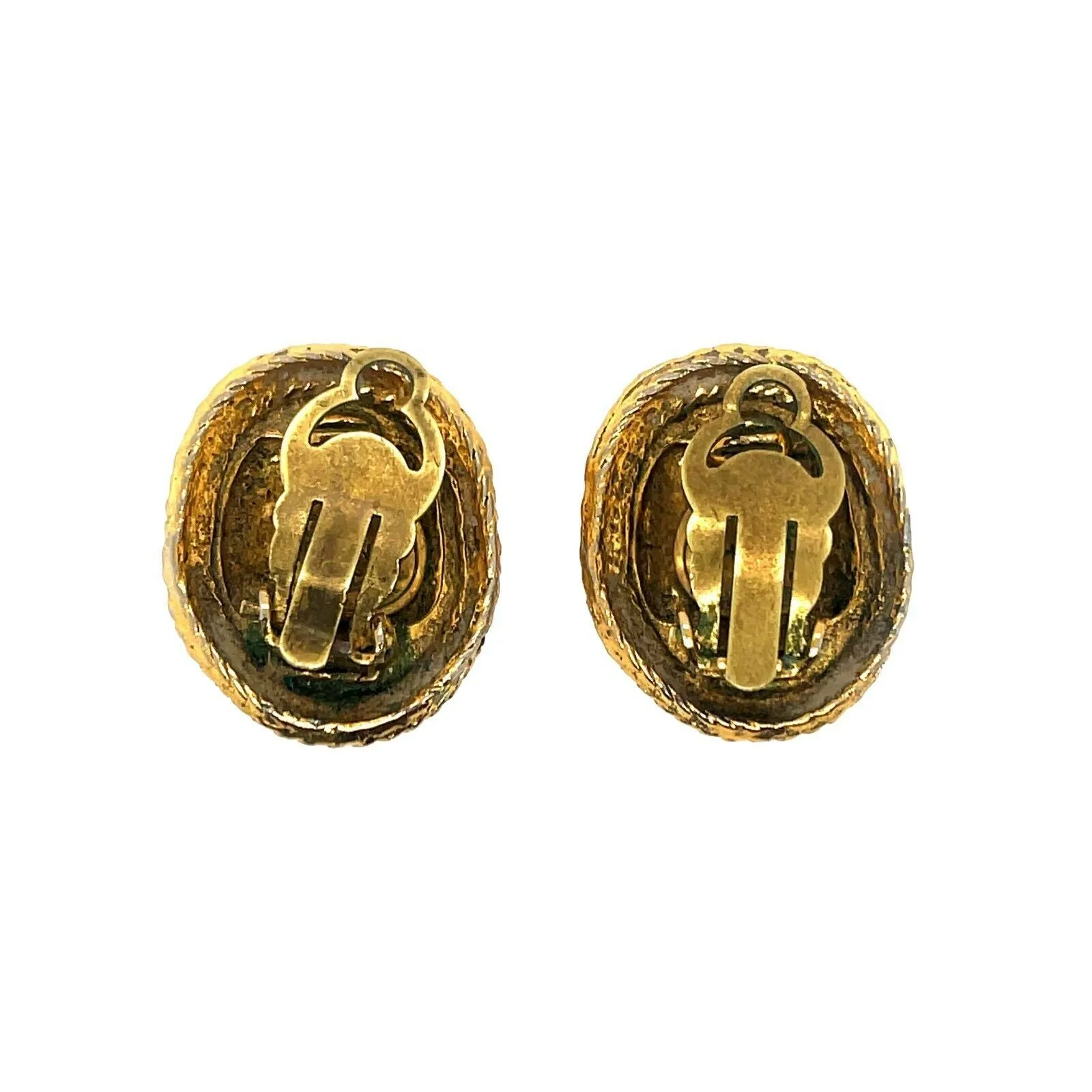 CHANEL - Vintage 1970's CC Textured Oval Medallion Clip-On / Gold-tone Earrings