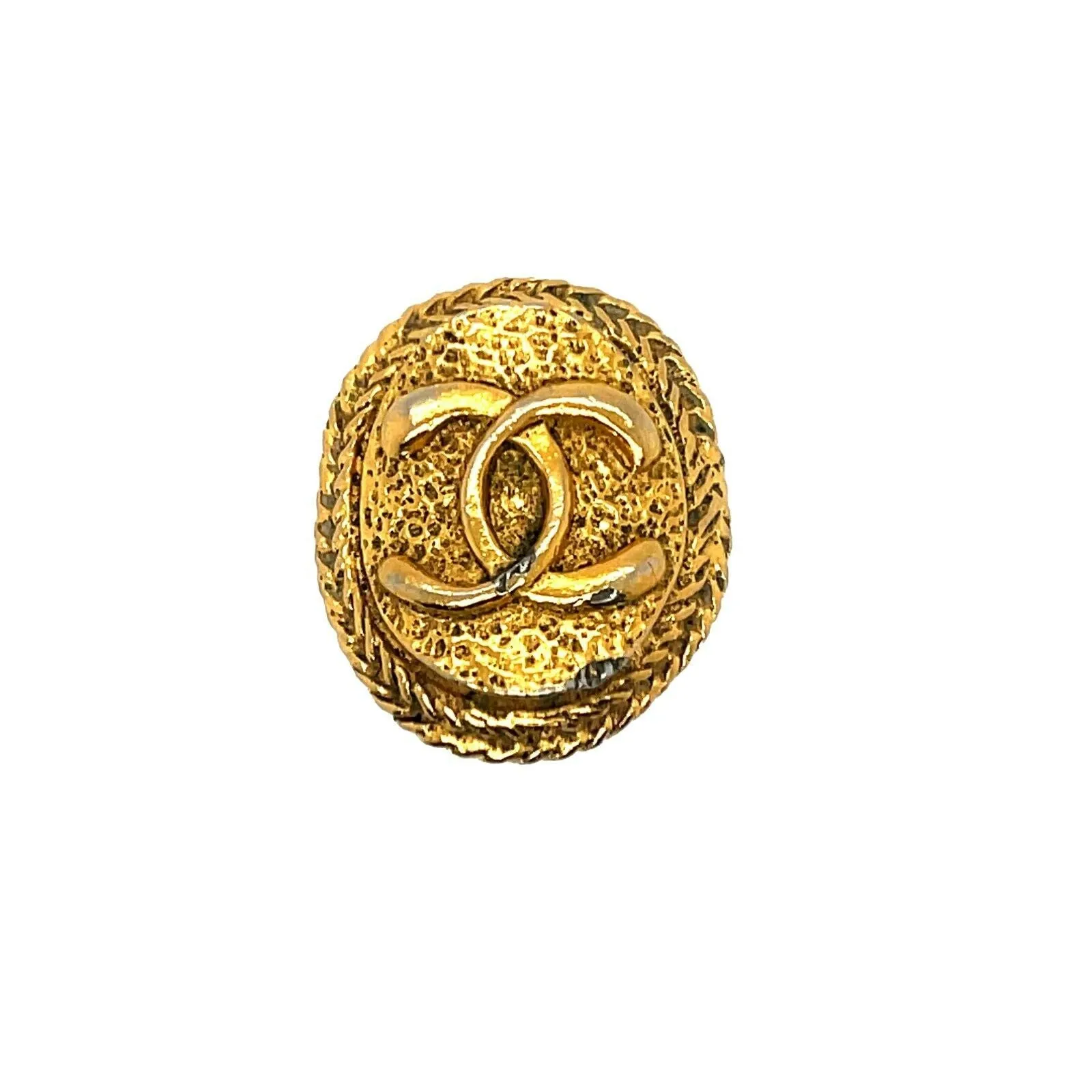 CHANEL - Vintage 1970's CC Textured Oval Medallion Clip-On / Gold-tone Earrings