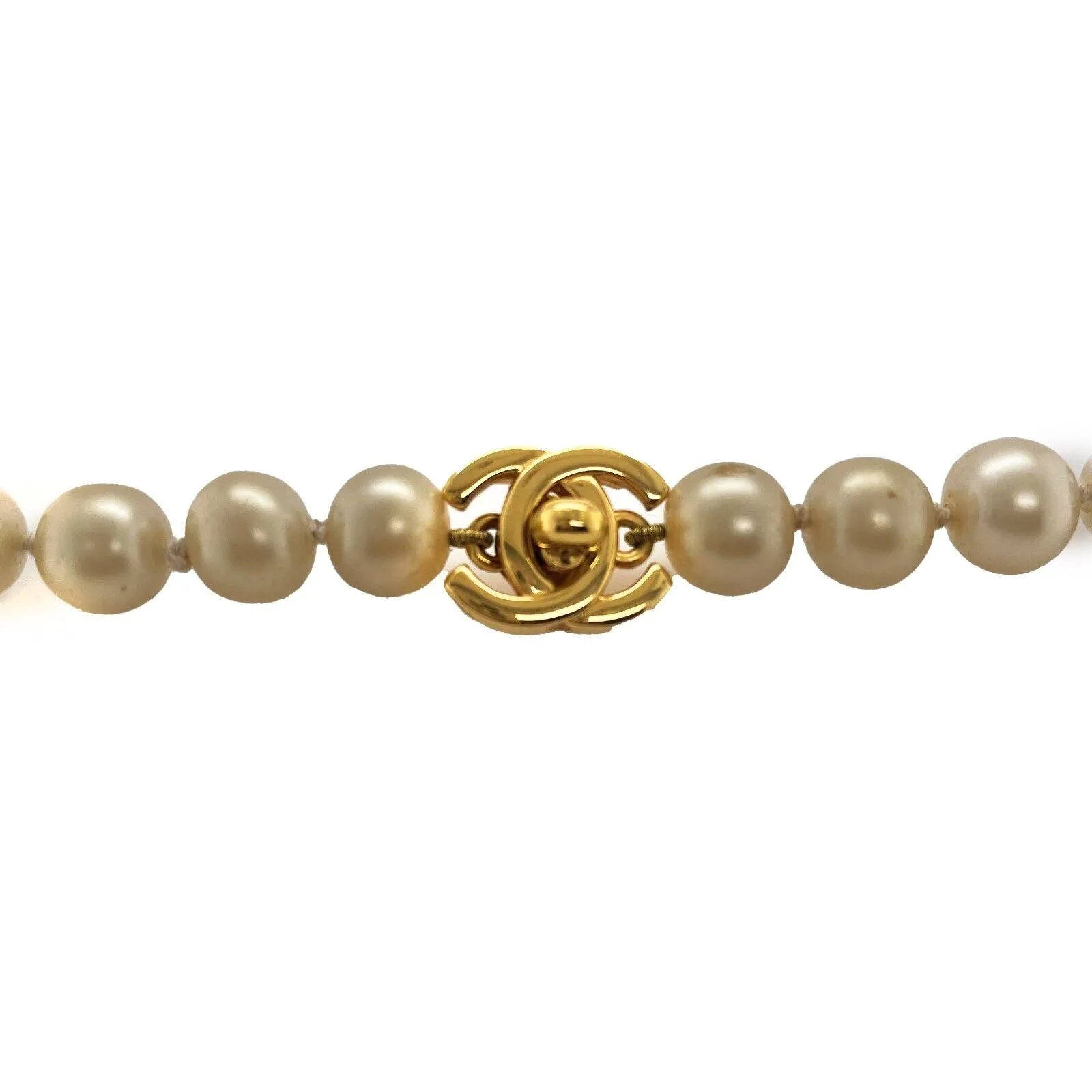 CHANEL - Vintage 96P CC Logo Turn Lock LONG Pearl / Gold Necklace