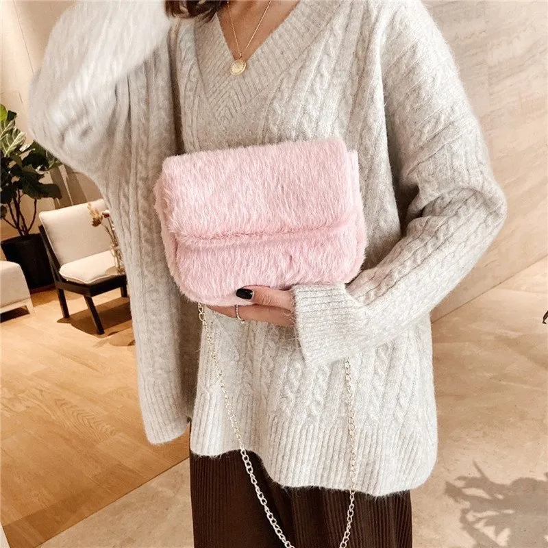 Chic Flap Design Solid Color Plush Crossbody Bag