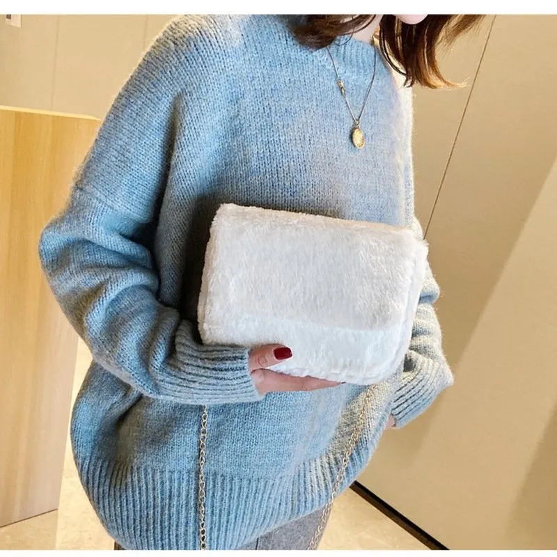 Chic Flap Design Solid Color Plush Crossbody Bag