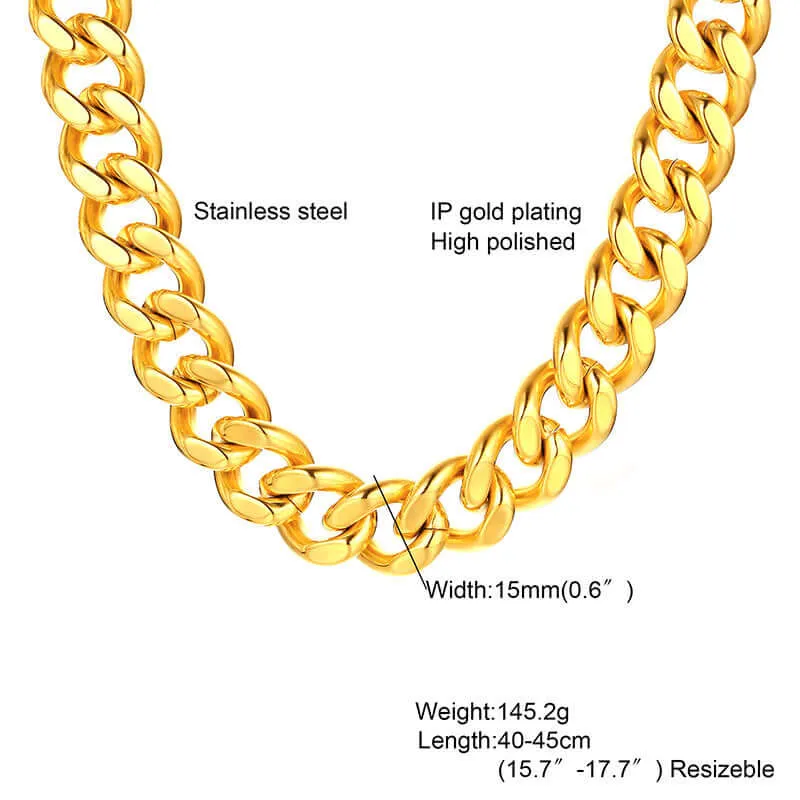 Cuban Chain 12/15mm Width 24K Gold Plated Chain Necklace Chain Bracelet