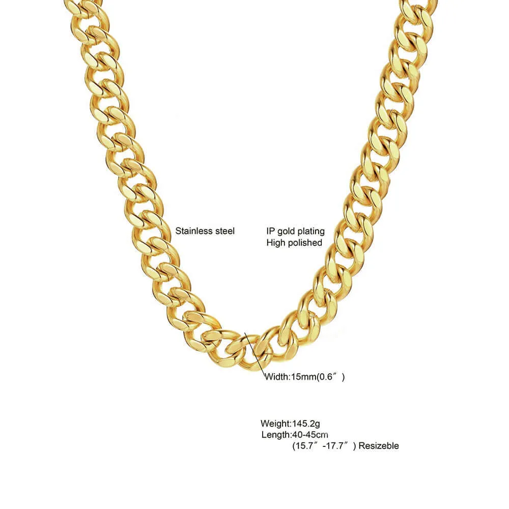 Cuban Chain 12/15mm Width 24K Gold Plated Chain Necklace Chain Bracelet