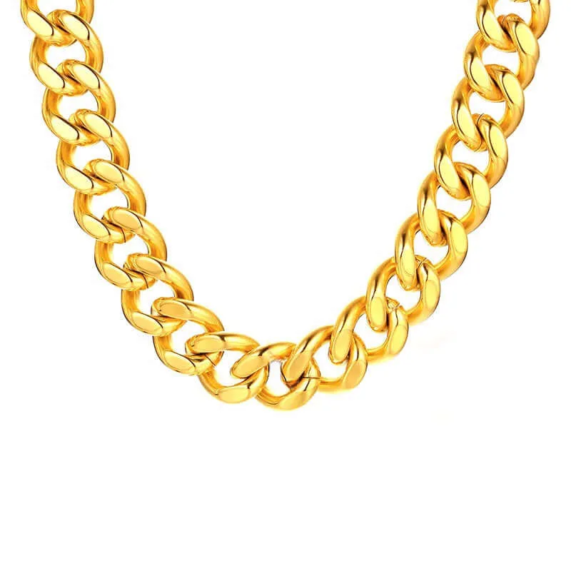 Cuban Chain 12/15mm Width 24K Gold Plated Chain Necklace Chain Bracelet