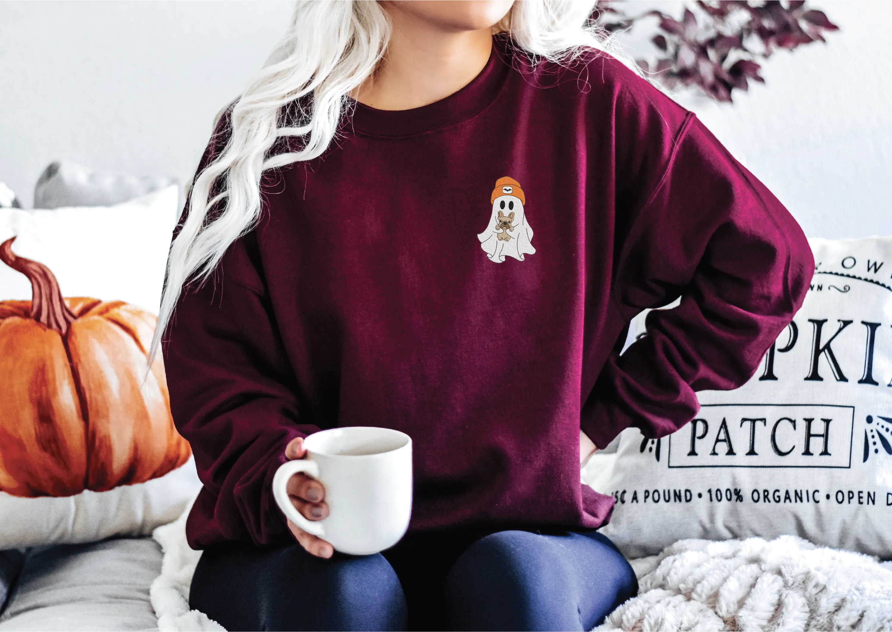 Embroidered Ghost with Dog Classic Crew Neck Sweater