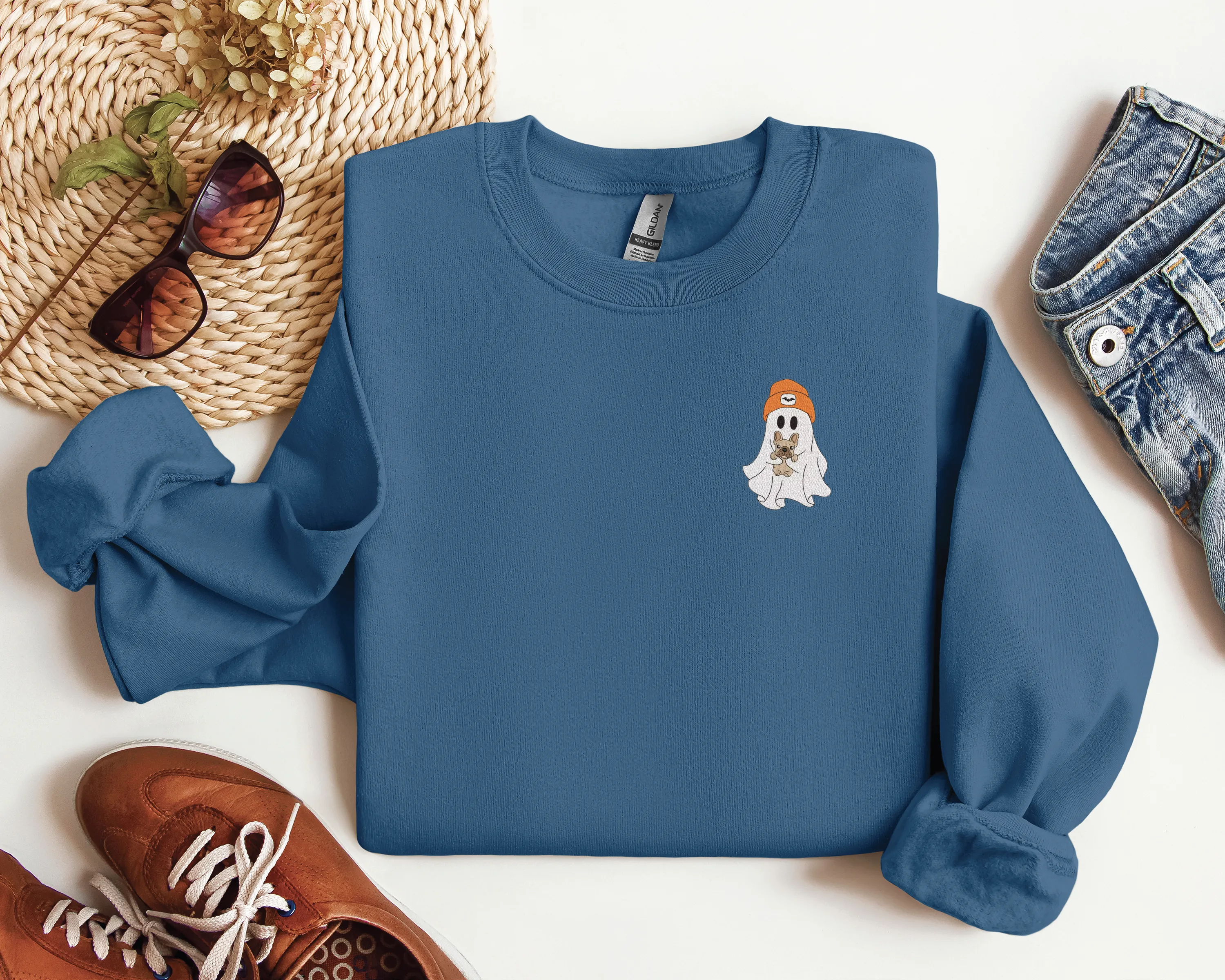 Embroidered Ghost with Dog Classic Crew Neck Sweater