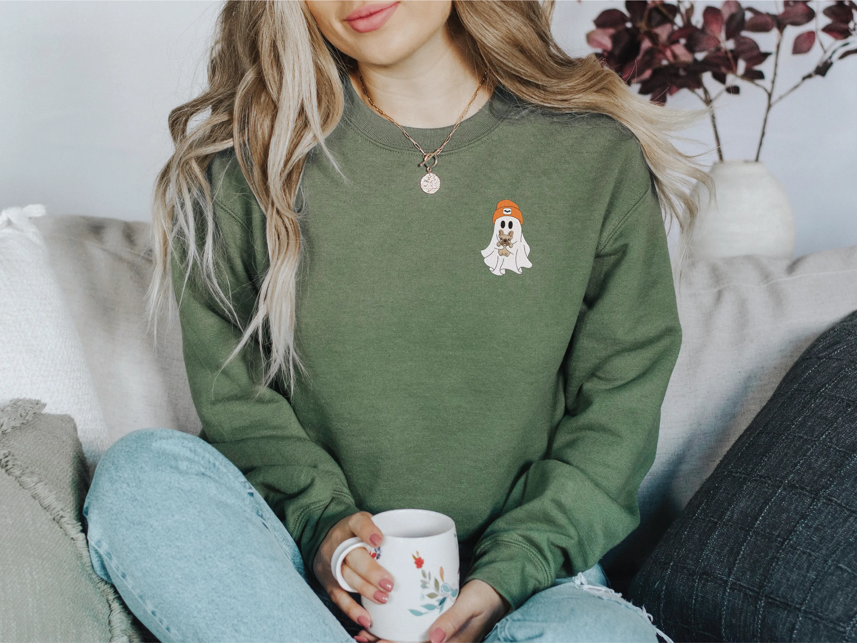 Embroidered Ghost with Dog Classic Crew Neck Sweater