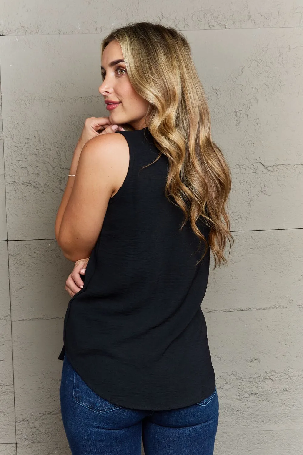 First Glance Sleeveless Neckline Slit Top in Black (MADE IN USA)