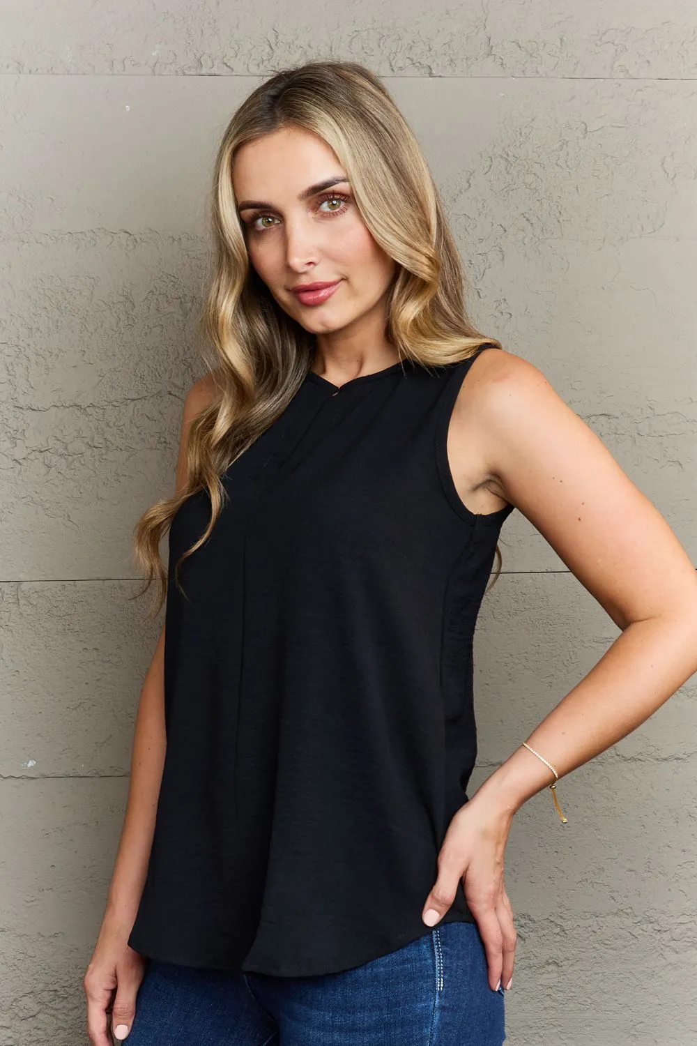 First Glance Sleeveless Neckline Slit Top in Black (MADE IN USA)