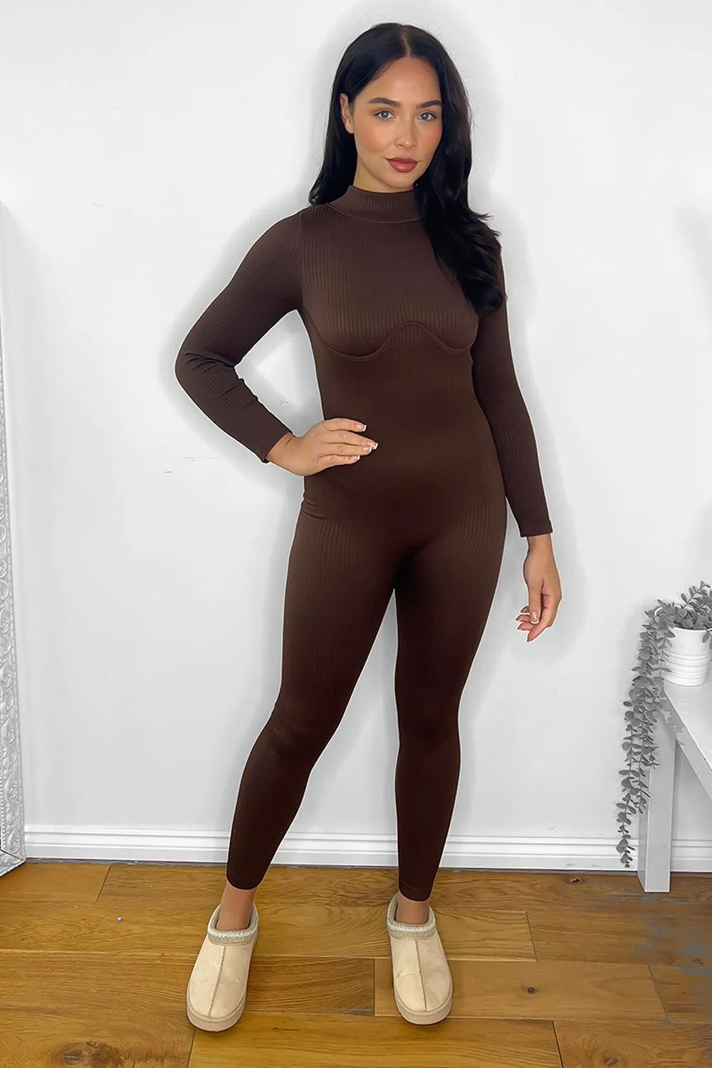 High Neck Underbust Seam Ribbed Onesie