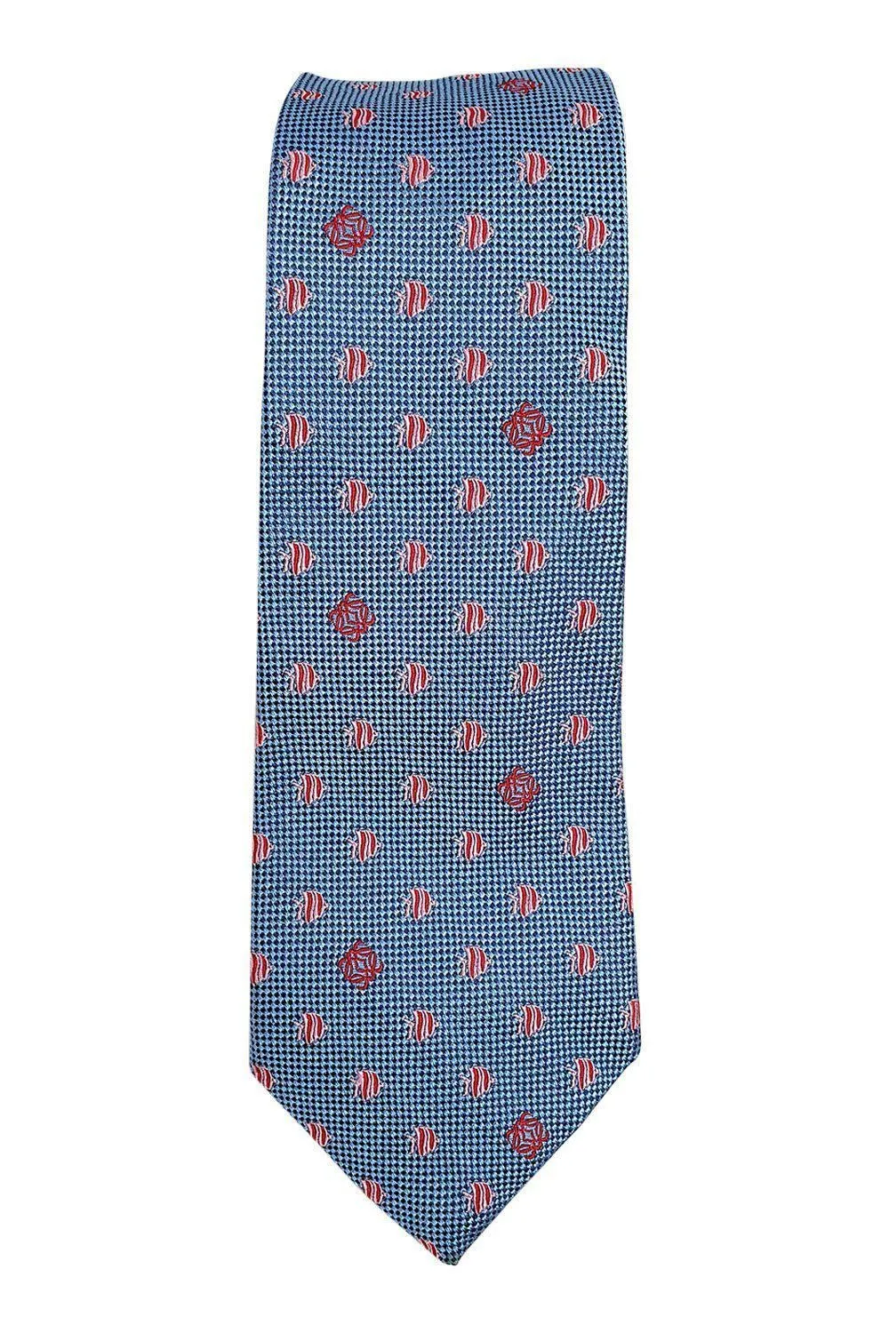 LOEWE 100% Silk Sky Blue Tie Pink Logo Fish Repeat (60" L | 3.4" W)