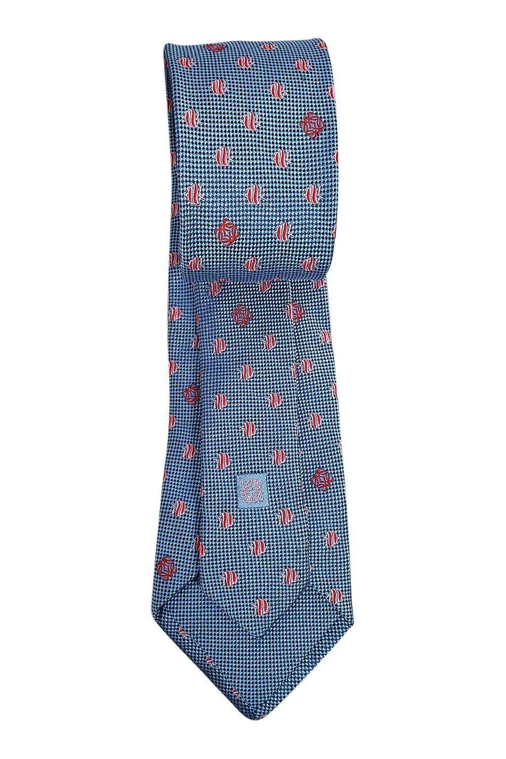 LOEWE 100% Silk Sky Blue Tie Pink Logo Fish Repeat (60" L | 3.4" W)