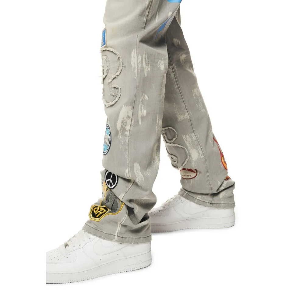 Multi Embroidered Patched Retro Denim Jeans - Cold Grey